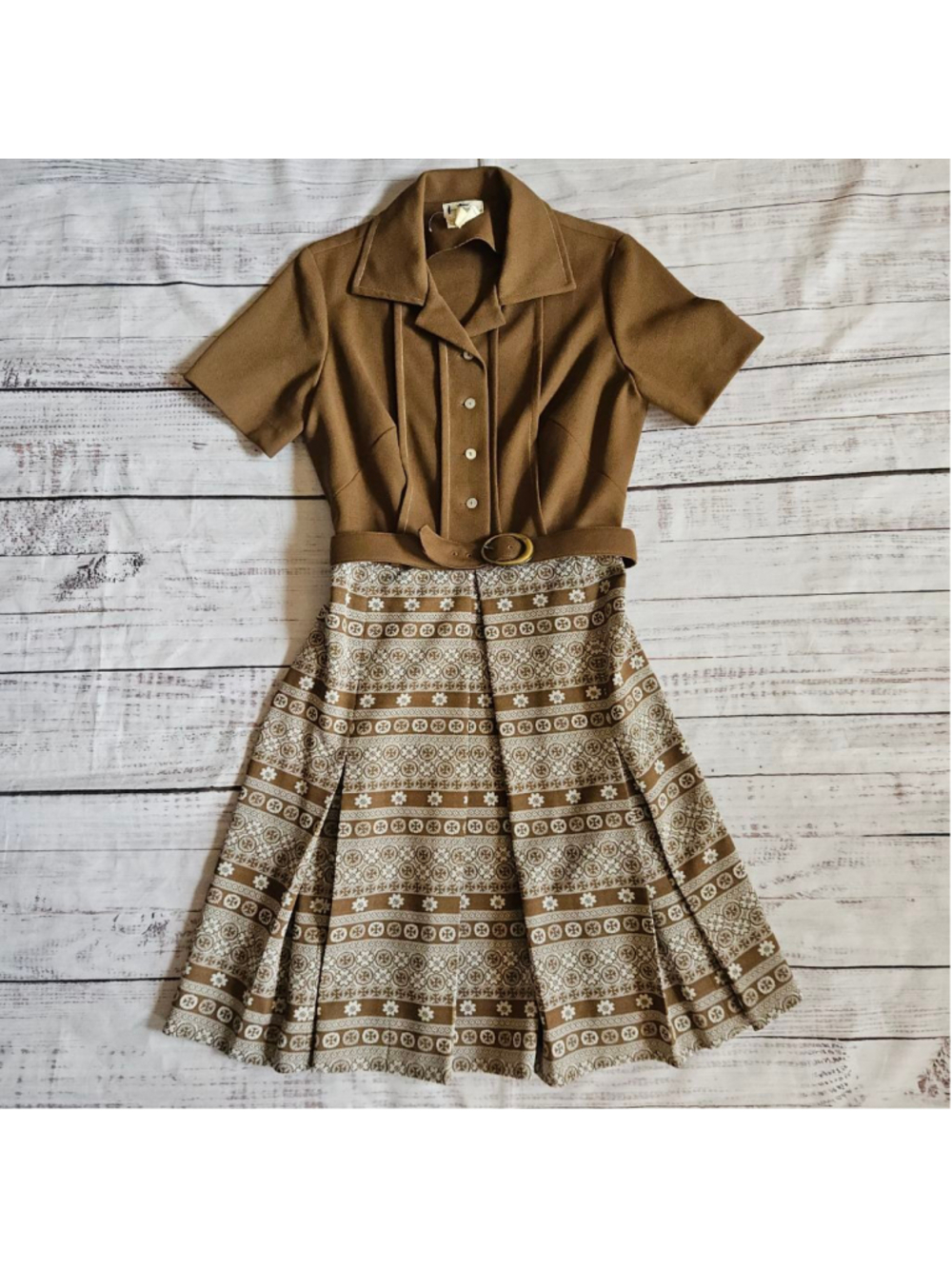 Vintage Ivan Frederics Brown Belted Cream Print Retro Shirt Dress Womens READ
